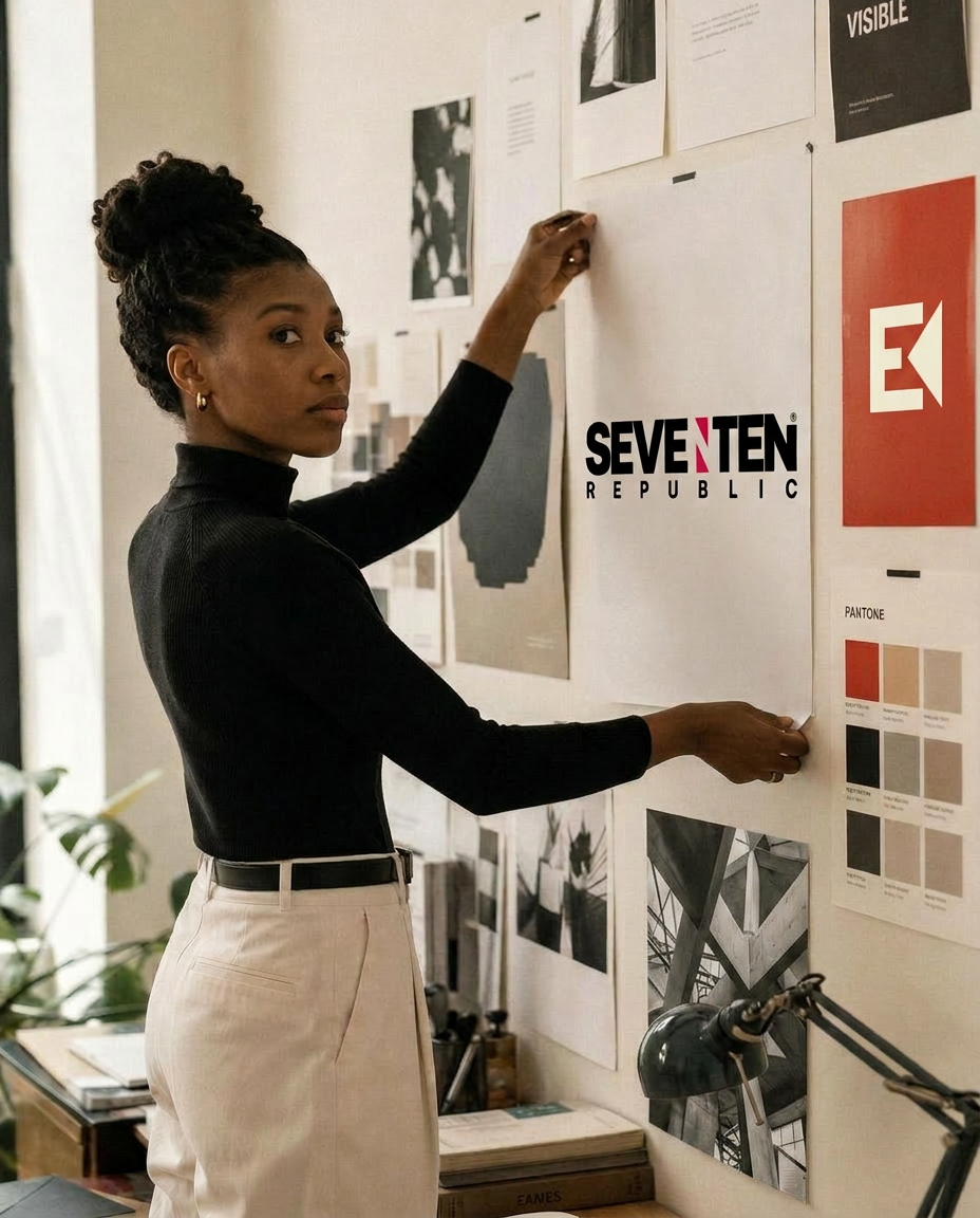 Art director pinning Seventen poster layouts